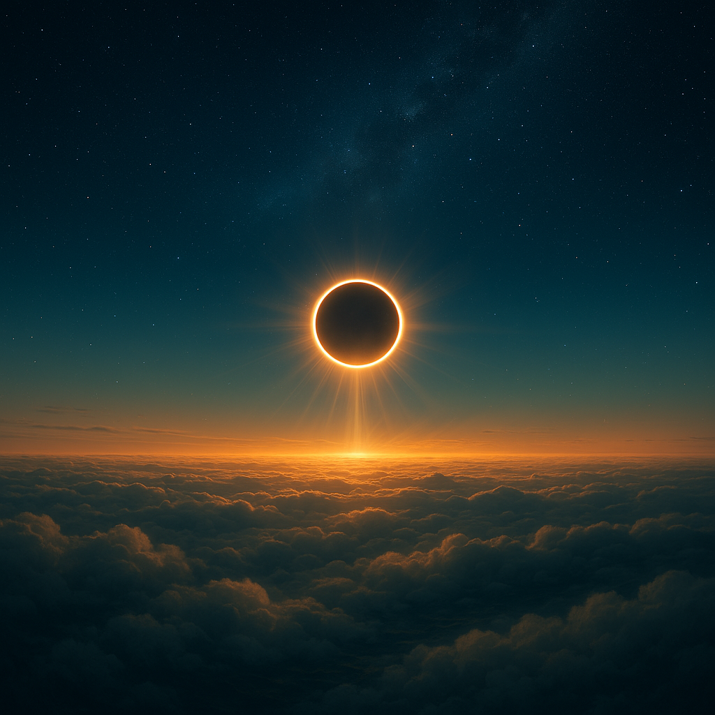 Eclipse sobre un horizonte de nubes