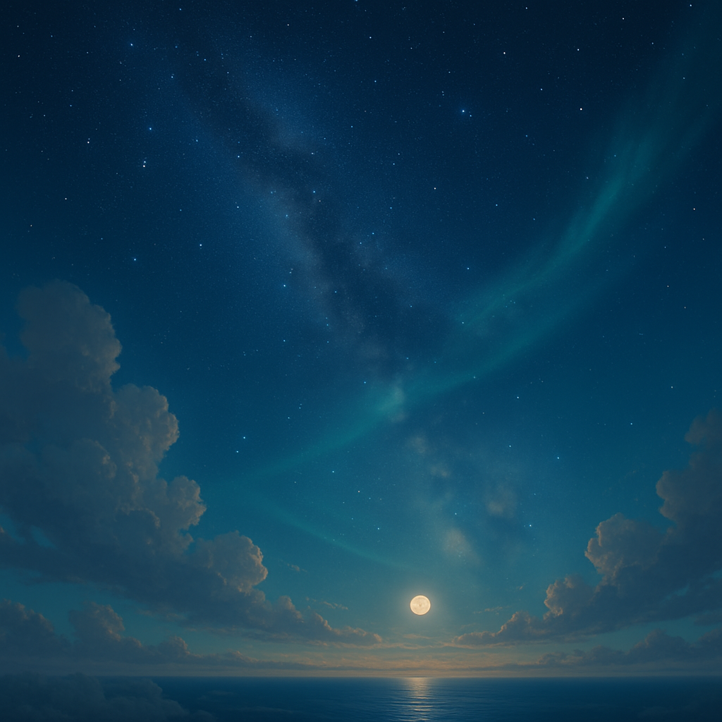 Luna sobre el océano bajo un cielo estrellado